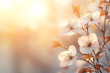 Wall Mural - Blossoming white flowers illuminated by soft sunlight during spring in a serene outdoor setting