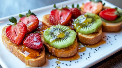 Poster - Colorful Fruit Topped Toast with Syrup and Honey Drizzle on Plate