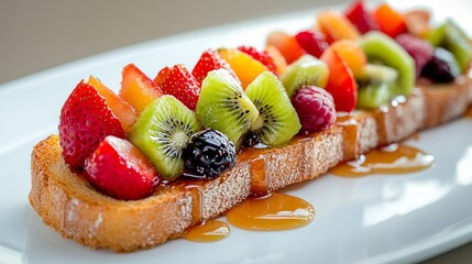 Wall Mural - Delicious Fruit Topped Toast with Colorful Berries and Syrup