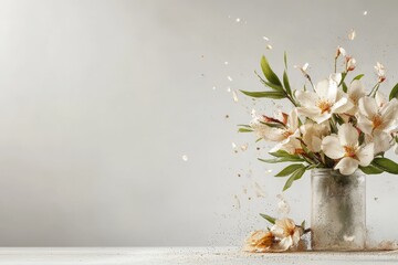 Wall Mural - Flowers bursting from a jar create a beautiful display of petals and leaves on a light background