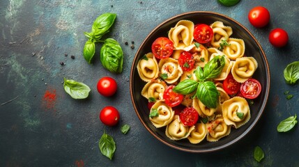 Wall Mural - Fresh Tortellini with Cherry Tomatoes and Basil on a Dark Background