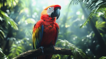 Wall Mural - Vibrant parrot perched on a branch in the lush rain forest during morning light