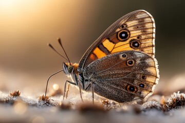 Wall Mural - Butterfly resting on the ground with soft sunlight illuminating delicate wings in a serene environment