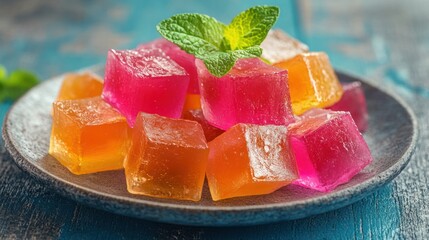 Colorful, translucent jelly cubes on a plate.