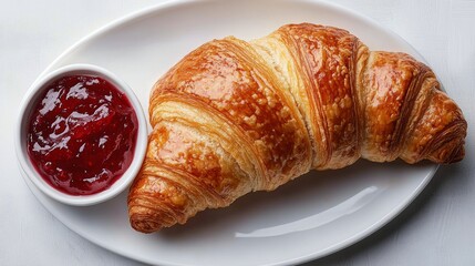 Wall Mural - Freshly baked croissant served with fruit preserves in a cozy cafe setting