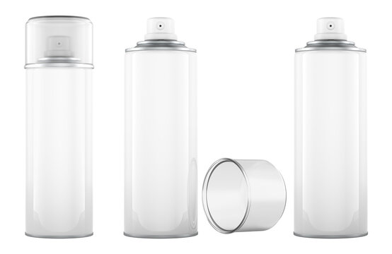 Metal bottle spray aerosols with cap and without. Mockup, template. 3D rendering isolated on transparent background