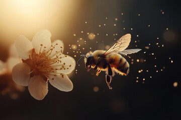 Wall Mural - Bee hovering near a flower at sunset showing the beauty of nature's pollinators in action