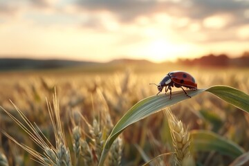 Wall Mural - Ladybug resting on a leaf in a golden wheat field at sunset creating a serene rural atmosphere