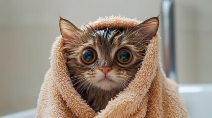 Poster - Cute Cat with Big Eyes Wrapped in Towel after Bath Time