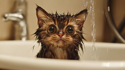 Poster - Adorable Wet Cat in Bathtub with Water Droplets on Fur