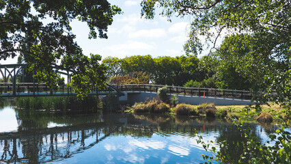 Wall Mural - Beautiful day at the park river blue skies water reflection Christchurch city New Zealand