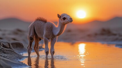 Wall Mural - Curious camel calf gazes at sunset in a desert landscape