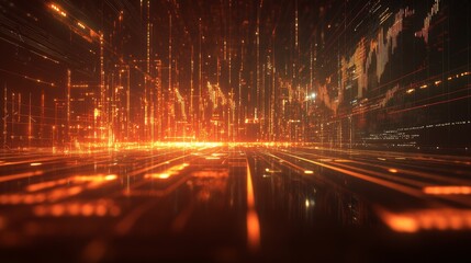 Fototapete - Futuristic Orange Data Stream with Abstract Digital Visualization