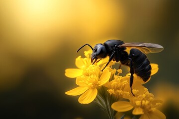 Wall Mural - Close-up view of a bee collecting nectar from vibrant yellow flowers in a sunny garden environment