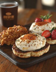 Wall Mural - Delicious breakfast of sunny-side up eggs, pancakes, and cornmeal, served with coffee.