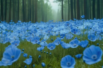 Wall Mural - Vibrant blue flowers blooming in a serene forest setting during daylight hours