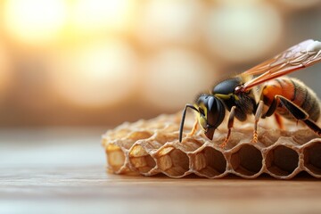 Canvas Print - Close-up of a bee interacting with honeycomb during sunset