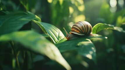 Poster - Snail crawling on lush green leaf in sunlight.