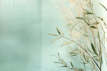 Wall Mural - Delicate green leaves and flowers against a soft pastel background in natural light