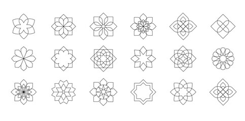 collection of black and white linear arabic oriental floral vector elements. traditional arabesque i