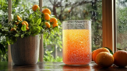 Poster - Refreshing Orange Juice with Citrus Fruits and Raindrops on Window