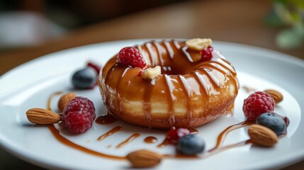Aufkleber - Delicious Caramel Covered Donut with Berries and Nuts on Plate