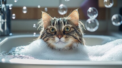 Poster - Playful Cat Surrounded by Bubbles in Sink with Soapy Water