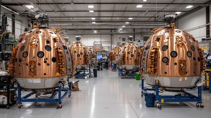 Poster - A workshop filled with spacecraft modules, showcasing advanced technology for space exploration.