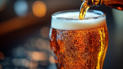 Wall Mural - Craft beer being poured into a clear glass on a wooden table