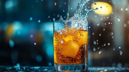 Poster - Splashing Drink with Ice Cubes in Glass Against Soft Background