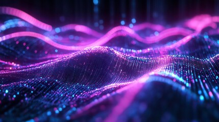 Poster - Abstract purple and blue glowing wave particle background.