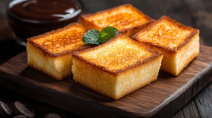 Wall Mural - Delicious Golden Brown Square Cakes with Chocolate Sauce and Mint