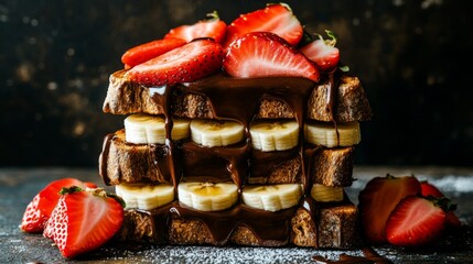 Wall Mural - Delicious Stacked French Toast with Chocolate, Strawberries, Bananas