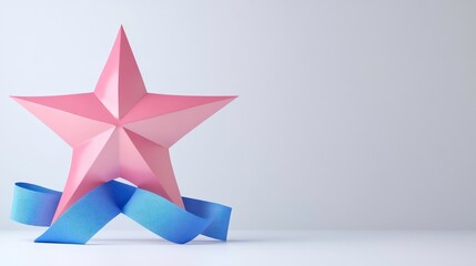 Poster - Pink star with blue ribbon on white background.