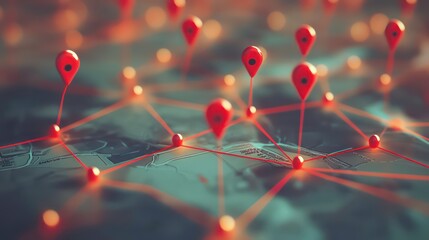 Fototapete - Red location pins connected by lines on a map, illustrating network connections and global reach.