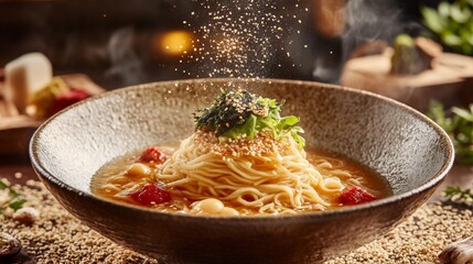 Canvas Print - Delicious bowl of steaming noodles topped with herbs and spices