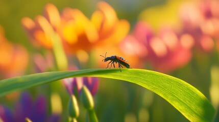 Poster - Insect on Green Leaf Against Blurred Colorful Flower Background