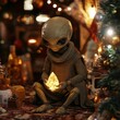 © MW - Alien figure holding a glowing crystal in a cozy festive environment.