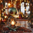 © MW - Alien figure holding a glowing crystal in a cozy festive environment.