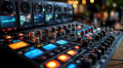 Poster - Close-up of a music production mixer with colorful buttons and screens for audio control.