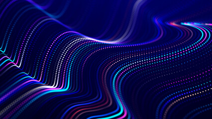 Fototapete - Lights background. Colored music wave. Big data digital code. Futuristic dots Illustration. 3D