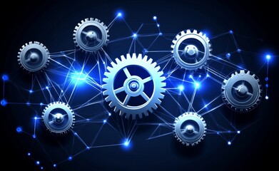 Poster - A futuristic gear wheel with arrows set on a dark blue background, reflecting the cutting-edge realm of modern digital and telecom engineering.