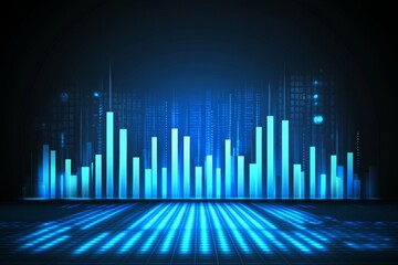 Poster - Exploration of stock market expansion, business investments, and data analytics, featuring digital charts, graphs, and indicators on a blurred dark blue background.