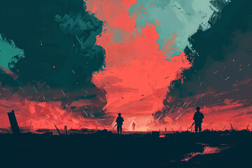 Wall Mural - Two soldiers stand in front of a large fire. The sky is dark and the fire is orange