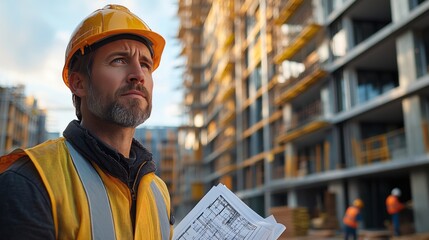 construction worker evaluates project plans on site during golden hour at a modern building location