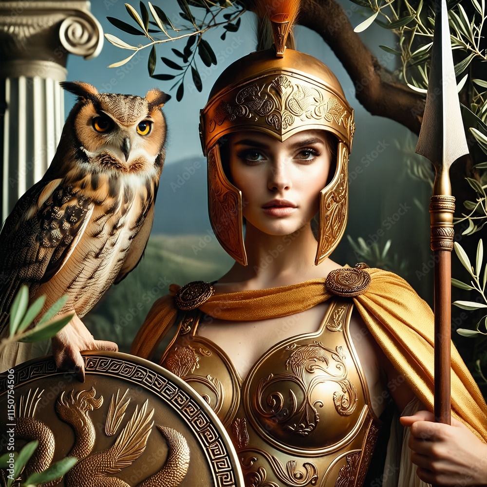 Athena, the Greek goddess of wisdom and war, in a golden helmet and ...