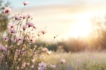 Wall Mural - Beautiful wildflowers blooming in a meadow at sunset with warm light illuminating the landscape