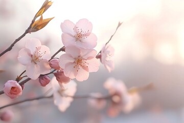 Wall Mural - Cherry blossoms bloom in spring sunlight, creating a serene and picturesque atmosphere in a garden setting