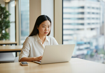 Poster - Young asian businesswoman concentrating on her work on laptop in a bright, modern office space