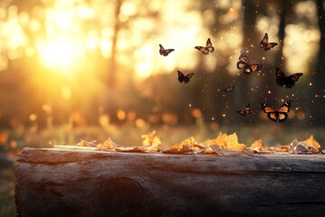 Wall Mural - Butterflies flutter above fallen leaves as golden sunlight filters through trees in a serene outdoor setting